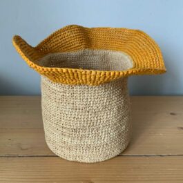 Natural Raffia Basket/Plant Pot with Mustard Frill Top